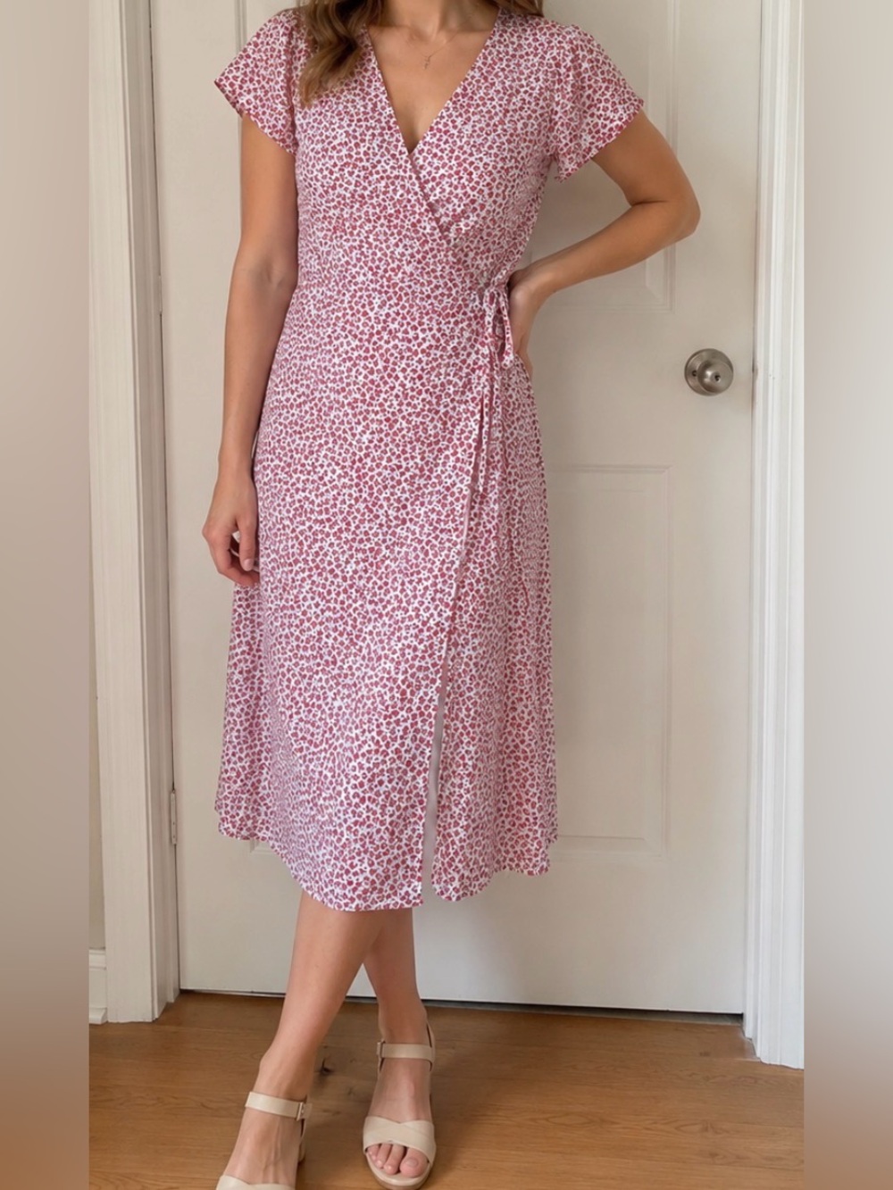 Ann Taylor Pink Floral Wrap Midi Dress